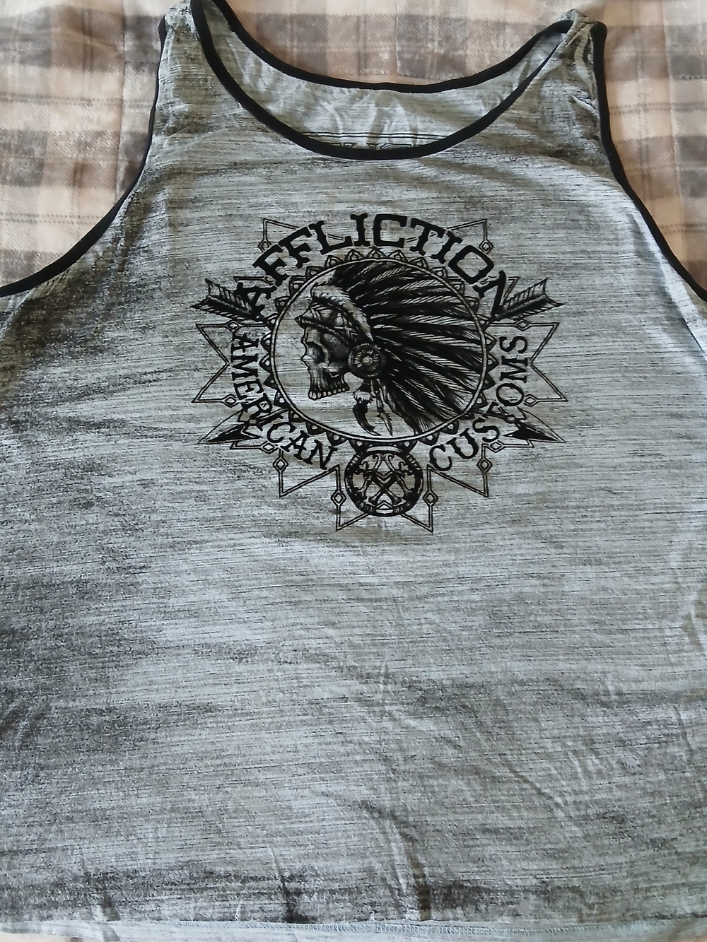 Affliction Gray Tank Top with Black Graphic and Trim